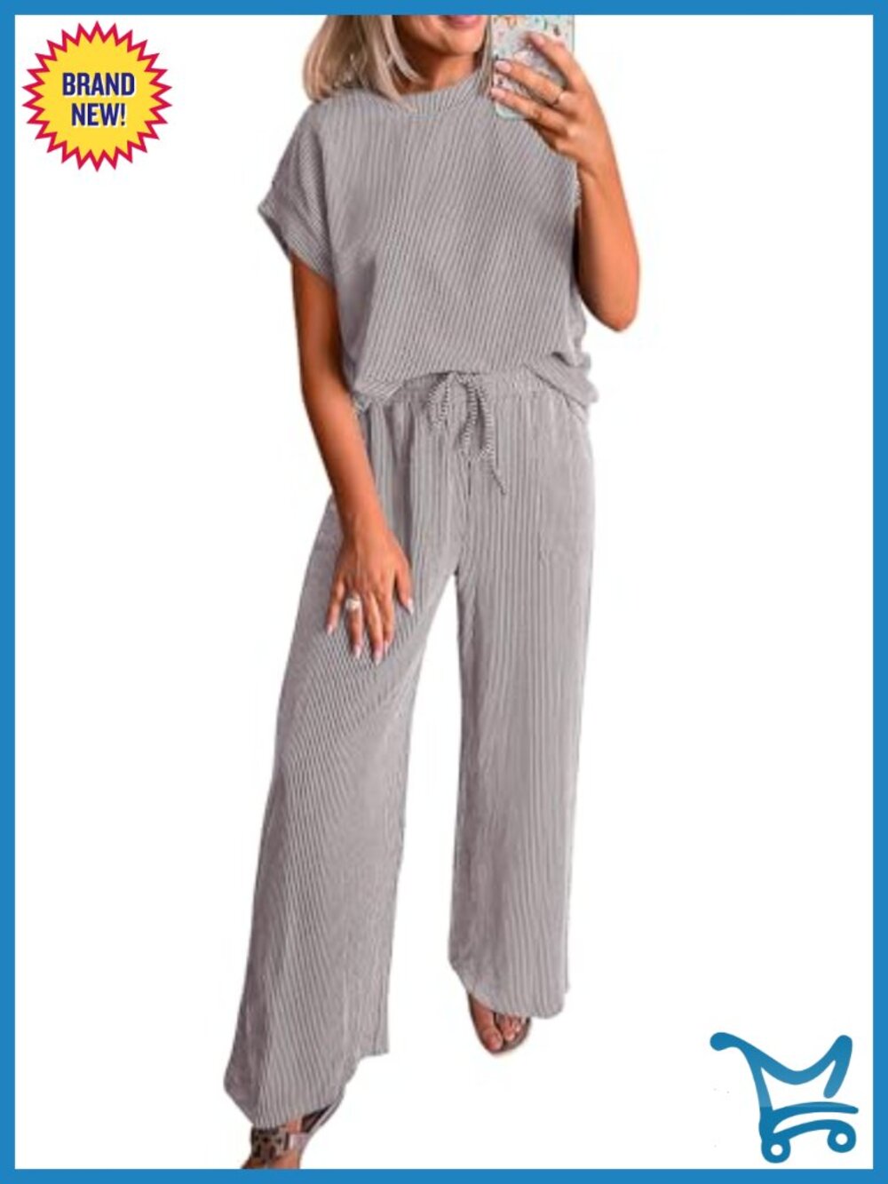 Ribbed Knit Lounge Set: Short Sleeve Top & Wide Leg Pants
